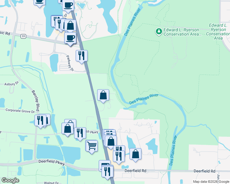 map of restaurants, bars, coffee shops, grocery stores, and more near 21569 Milwaukee Avenue in Deerfield