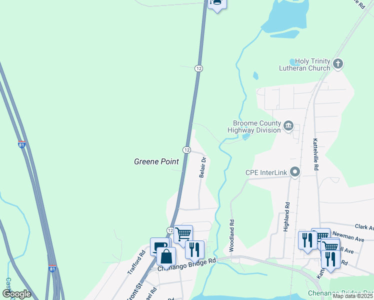map of restaurants, bars, coffee shops, grocery stores, and more near 98 Belair Drive in Binghamton