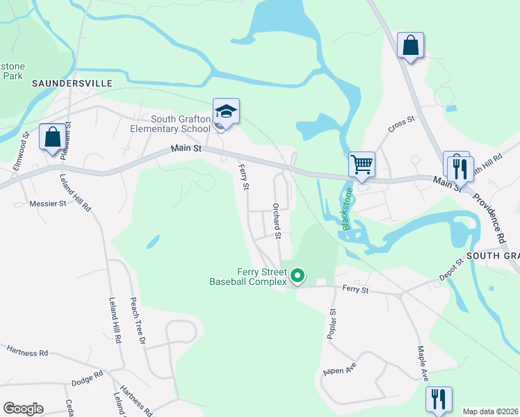 map of restaurants, bars, coffee shops, grocery stores, and more near 29 Ferry Street in Grafton