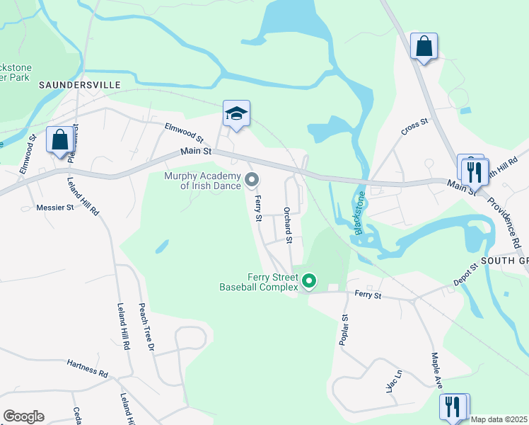 map of restaurants, bars, coffee shops, grocery stores, and more near 29 Ferry Street in Grafton