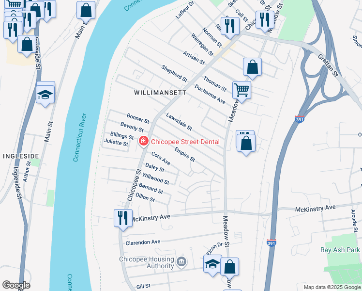 map of restaurants, bars, coffee shops, grocery stores, and more near 100 Empire Street in Chicopee