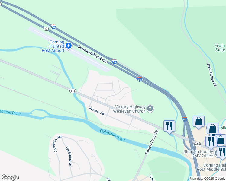 map of restaurants, bars, coffee shops, grocery stores, and more near 600 Blossom Lane in Painted Post