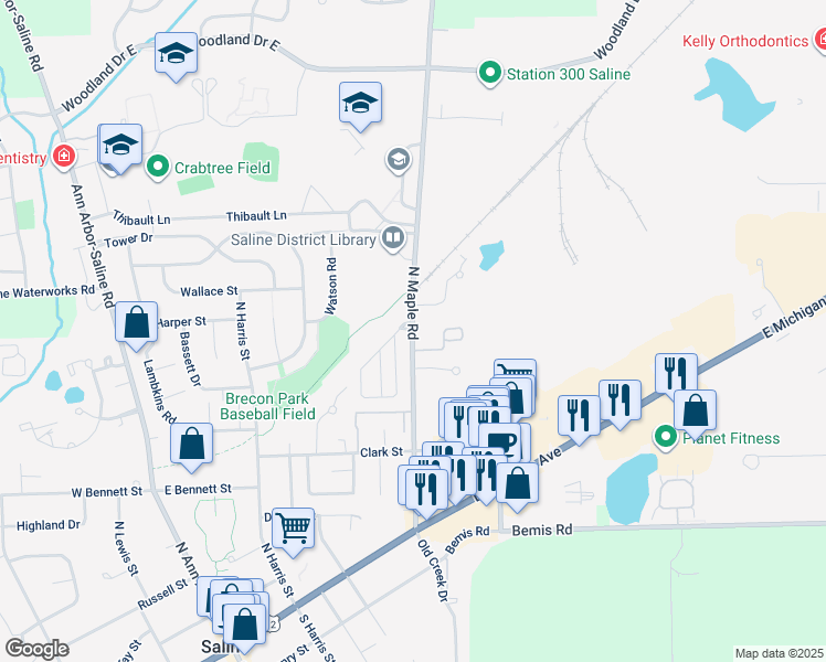 map of restaurants, bars, coffee shops, grocery stores, and more near 475 North Maple Road in Saline