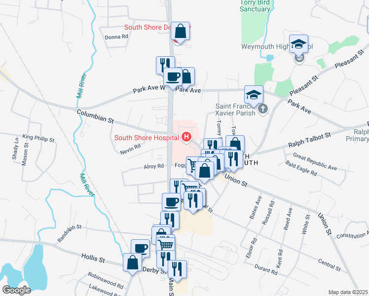 map of restaurants, bars, coffee shops, grocery stores, and more near 55 Fogg Road in Weymouth