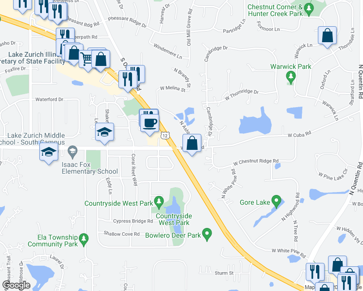 map of restaurants, bars, coffee shops, grocery stores, and more near 21493 U.S. 12 in Kildeer