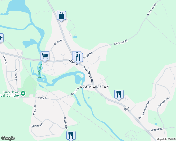 map of restaurants, bars, coffee shops, grocery stores, and more near 299 Providence Road in Grafton