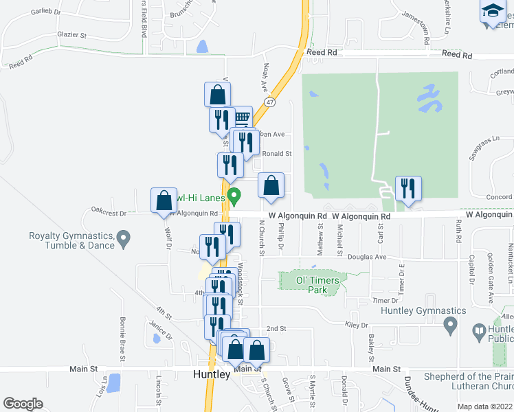 map of restaurants, bars, coffee shops, grocery stores, and more near 10523 North Church Street in Huntley