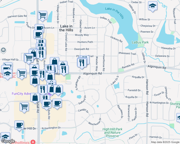 map of restaurants, bars, coffee shops, grocery stores, and more near 2034 West Algonquin Road in Algonquin