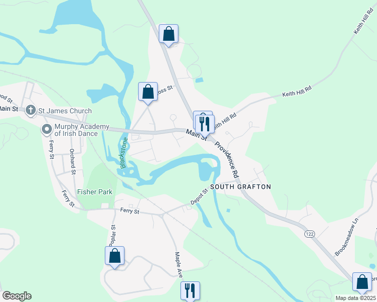 map of restaurants, bars, coffee shops, grocery stores, and more near 290 Providence Road in Grafton