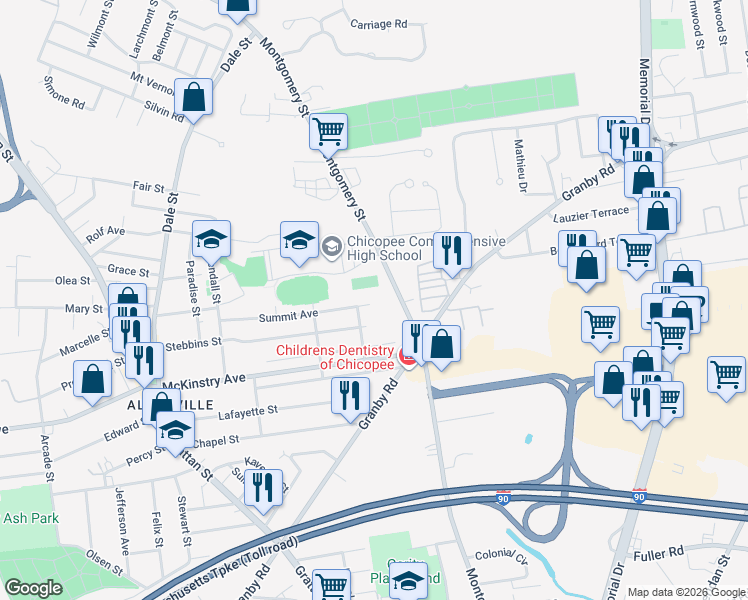 map of restaurants, bars, coffee shops, grocery stores, and more near 1 Sherbrooke Street in Chicopee