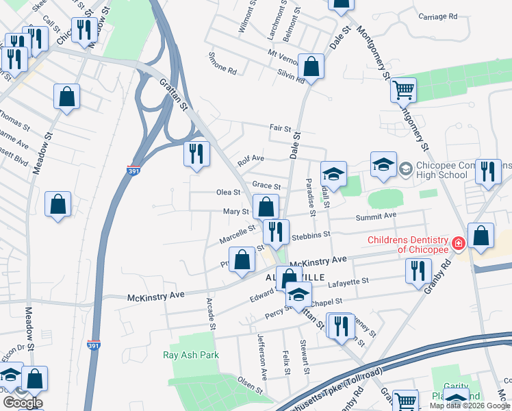 map of restaurants, bars, coffee shops, grocery stores, and more near 762 Grattan Street in Chicopee