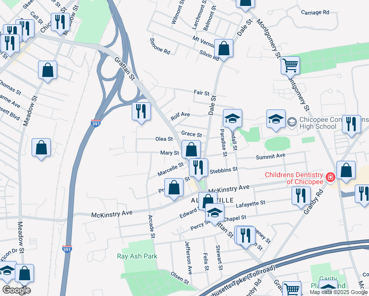 map of restaurants, bars, coffee shops, grocery stores, and more near 762 Grattan Street in Chicopee