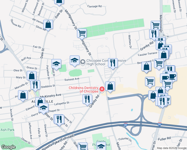map of restaurants, bars, coffee shops, grocery stores, and more near 1 Sherbrooke Street in Chicopee