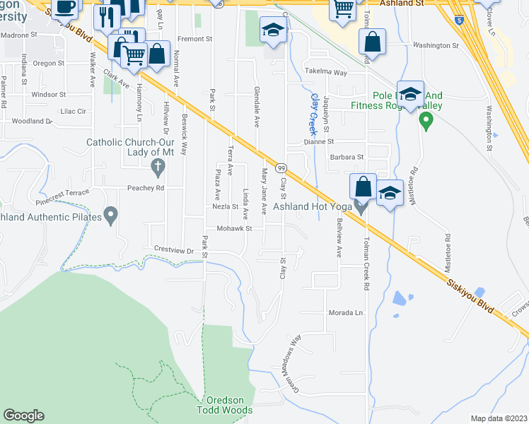map of restaurants, bars, coffee shops, grocery stores, and more near Mary Jane Avenue in Ashland