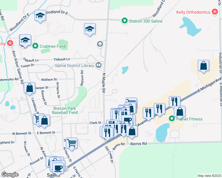 map of restaurants, bars, coffee shops, grocery stores, and more near 410 North Maple Road in Saline