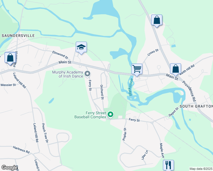 map of restaurants, bars, coffee shops, grocery stores, and more near Sampson Street in Grafton