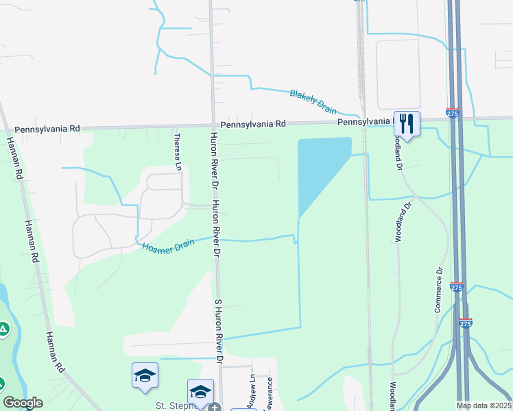 map of restaurants, bars, coffee shops, grocery stores, and more near 17525 Huron River Drive in Huron Charter Township