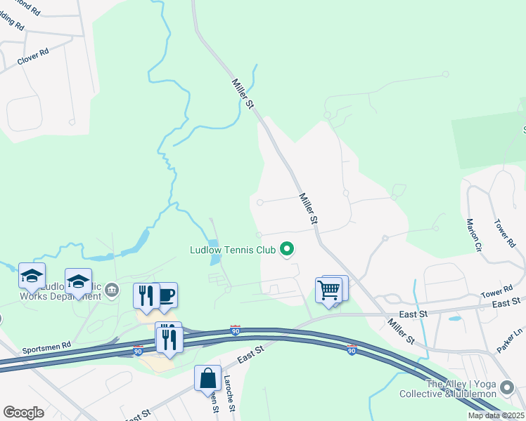map of restaurants, bars, coffee shops, grocery stores, and more near 65 Meadowlark Circle in Ludlow