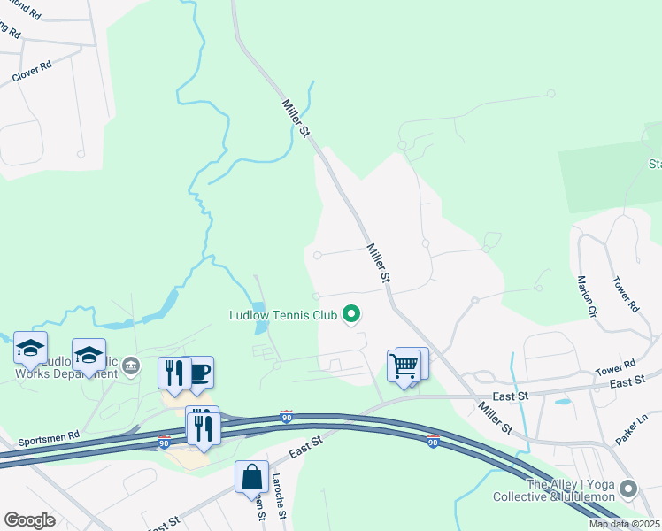 map of restaurants, bars, coffee shops, grocery stores, and more near 65 Meadowlark Circle in Ludlow
