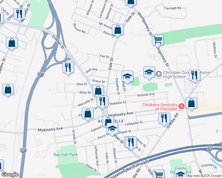 map of restaurants, bars, coffee shops, grocery stores, and more near 138 Dale Street in Chicopee