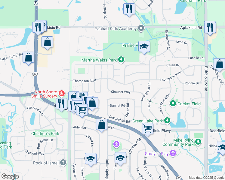 map of restaurants, bars, coffee shops, grocery stores, and more near 921 Chaucer Way in Buffalo Grove