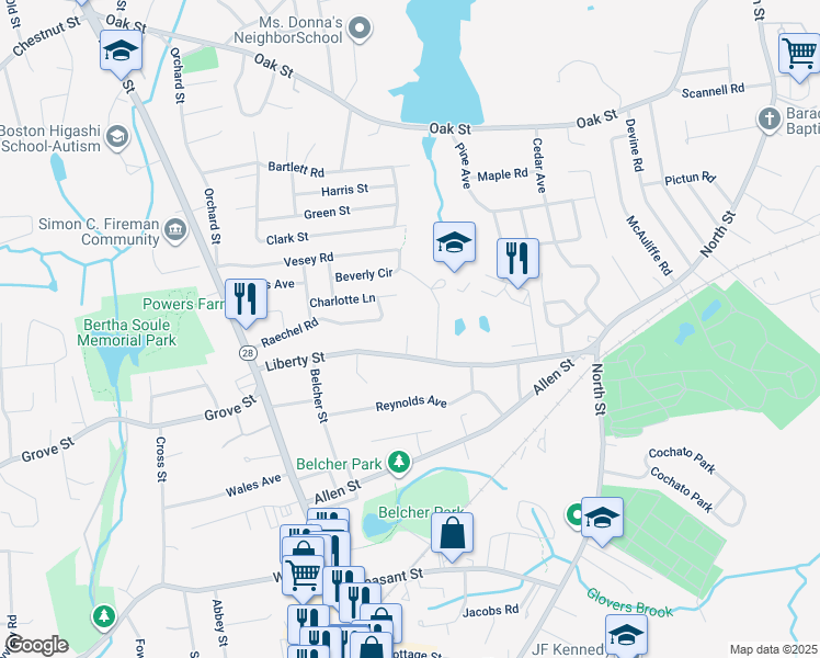 map of restaurants, bars, coffee shops, grocery stores, and more near 112 Liberty Street in Randolph