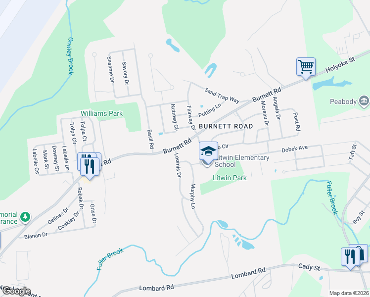 map of restaurants, bars, coffee shops, grocery stores, and more near 19 Loomis Drive in Chicopee