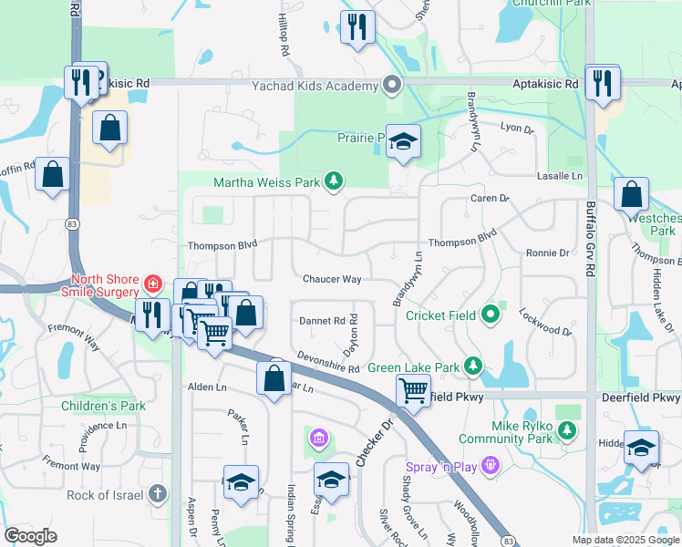 map of restaurants, bars, coffee shops, grocery stores, and more near 849 Chaucer Way in Buffalo Grove