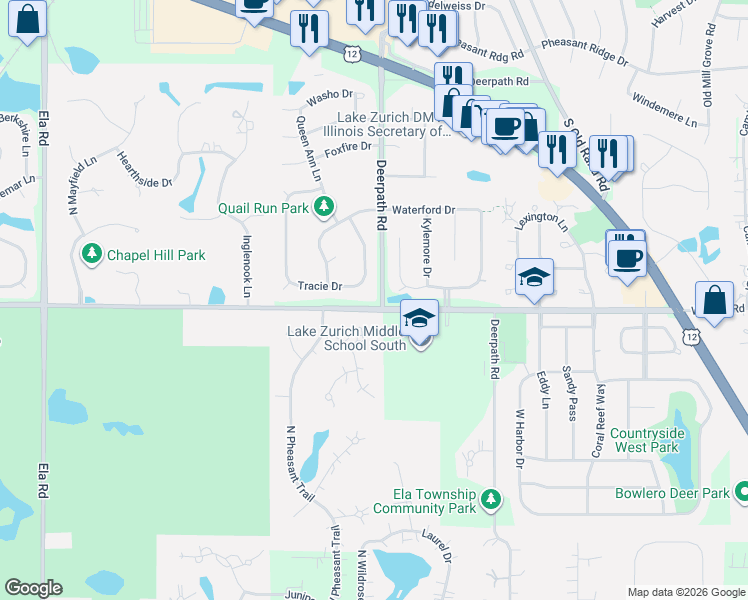 map of restaurants, bars, coffee shops, grocery stores, and more near 21466 Thrush Court in Deer Park