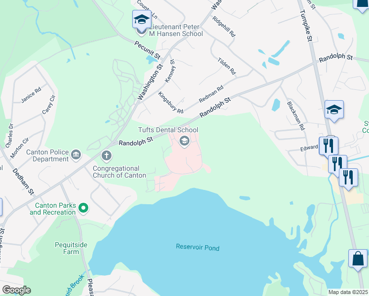 map of restaurants, bars, coffee shops, grocery stores, and more near 3 Randolph Street in Canton