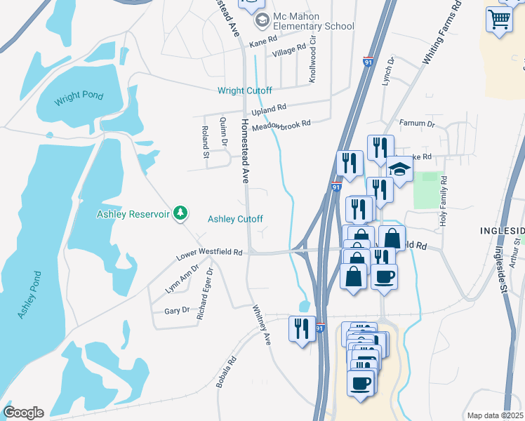 map of restaurants, bars, coffee shops, grocery stores, and more near 161 Lower Westfield Road in Holyoke