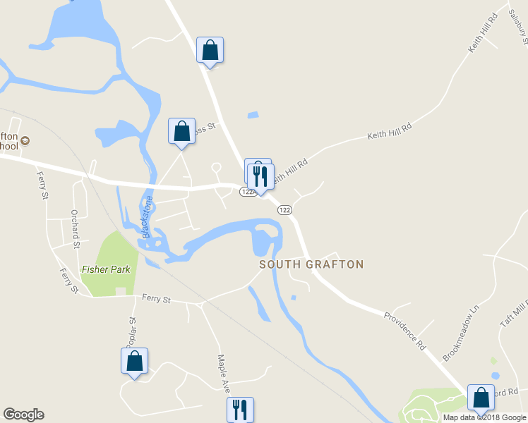 map of restaurants, bars, coffee shops, grocery stores, and more near 290 Providence Road in Grafton