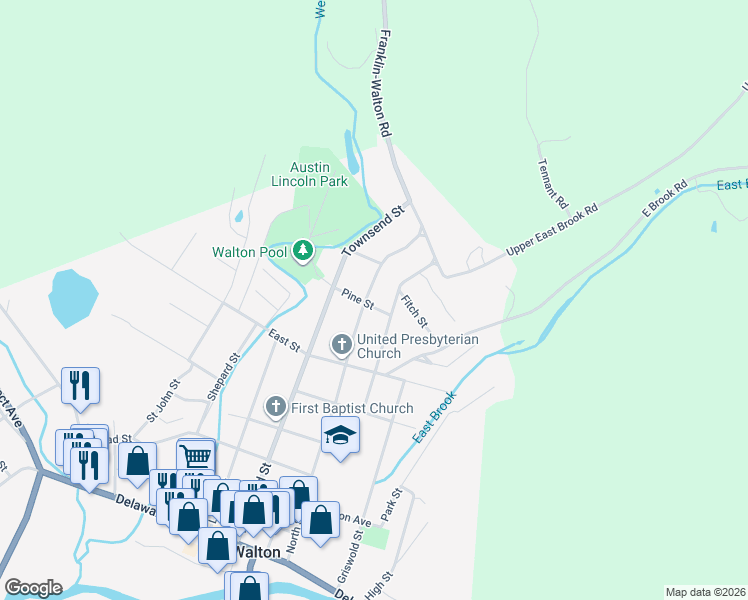 map of restaurants, bars, coffee shops, grocery stores, and more near 16 Pine Street in Walton