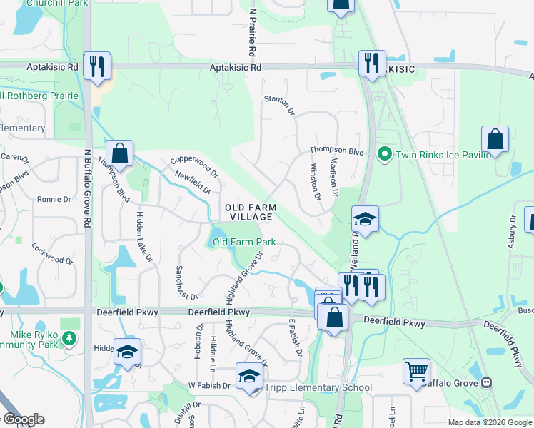 map of restaurants, bars, coffee shops, grocery stores, and more near 181 Lawn Court in Buffalo Grove