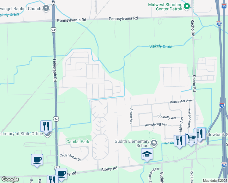 map of restaurants, bars, coffee shops, grocery stores, and more near 17831 Woodview Lane in Brownstown Charter Township