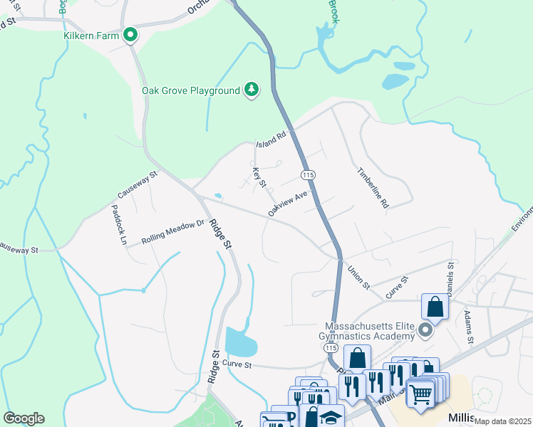 map of restaurants, bars, coffee shops, grocery stores, and more near 5 Rosenfeld Road in Millis