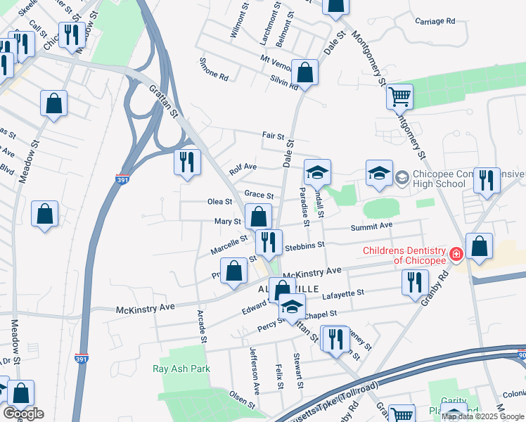 map of restaurants, bars, coffee shops, grocery stores, and more near 762 Grattan Street in Chicopee