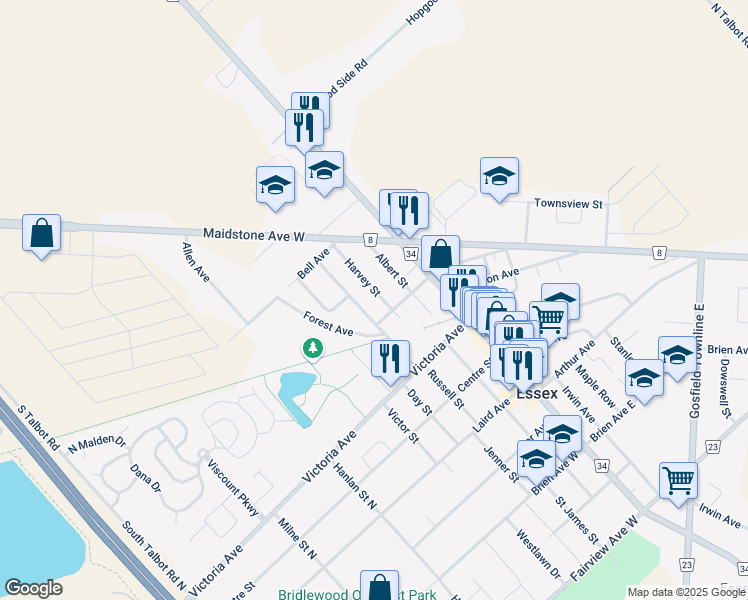 map of restaurants, bars, coffee shops, grocery stores, and more near 63 Medora Avenue West in Essex