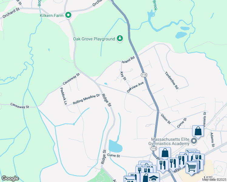 map of restaurants, bars, coffee shops, grocery stores, and more near 85 Ridge Street in Millis
