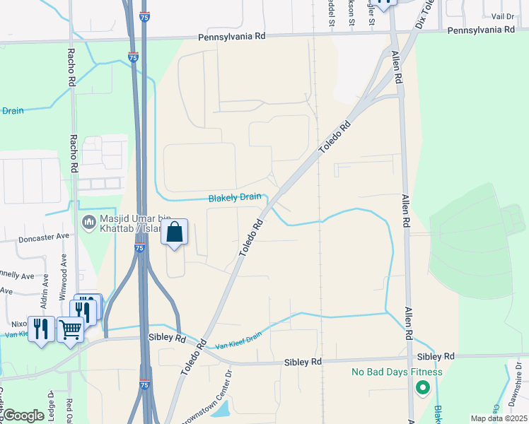 map of restaurants, bars, coffee shops, grocery stores, and more near 17800 Dix Toledo Road in Brownstown Charter Township