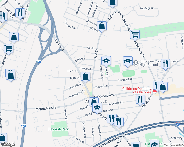 map of restaurants, bars, coffee shops, grocery stores, and more near 152 Dale Street in Chicopee