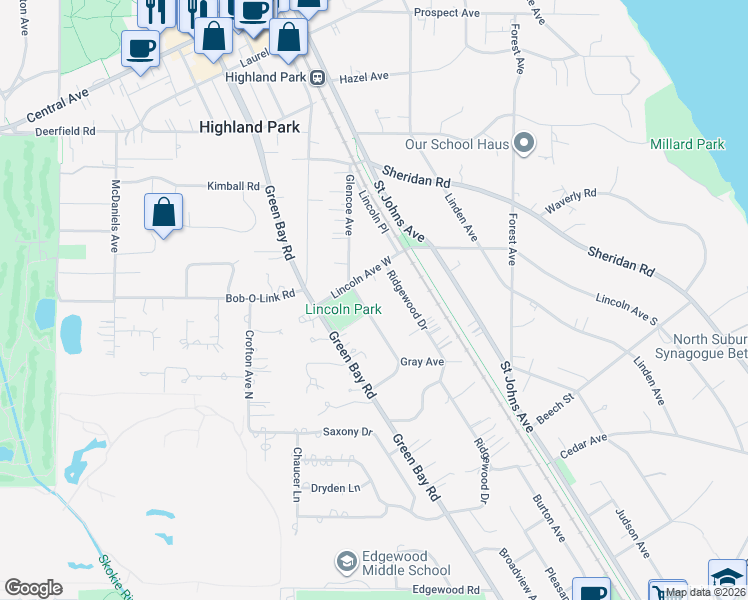 map of restaurants, bars, coffee shops, grocery stores, and more near 1271 Glencoe Avenue in Highland Park