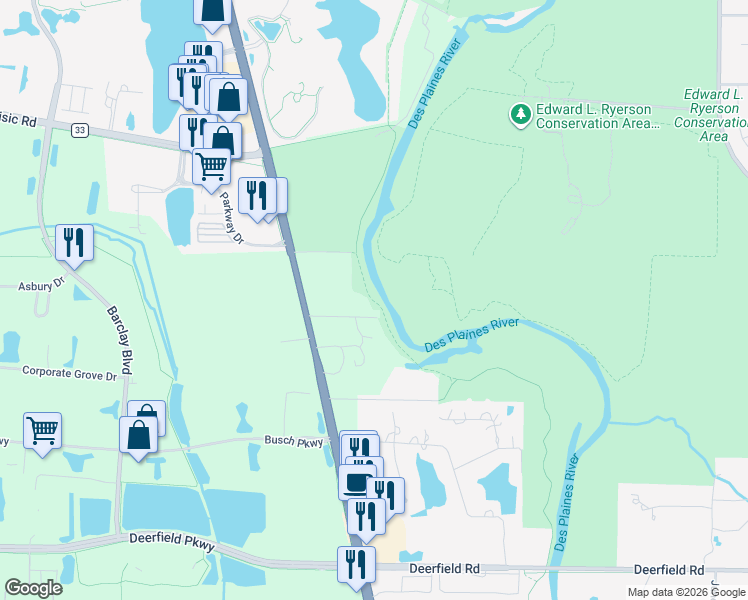 map of restaurants, bars, coffee shops, grocery stores, and more near 21569 Milwaukee Avenue in Deerfield