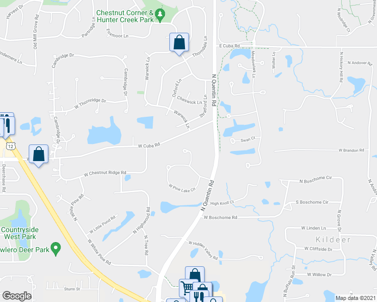 map of restaurants, bars, coffee shops, grocery stores, and more near 21598 Pine Lake Court in Kildeer
