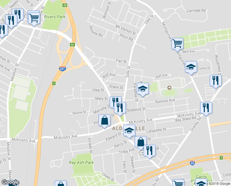 map of restaurants, bars, coffee shops, grocery stores, and more near 21 Dallaire Avenue in Chicopee