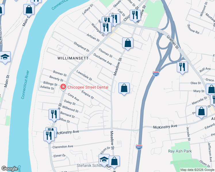 map of restaurants, bars, coffee shops, grocery stores, and more near 170 Pendexter Avenue in Chicopee