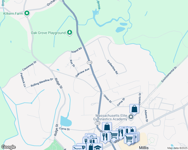 map of restaurants, bars, coffee shops, grocery stores, and more near 305 Exchange Street in Millis