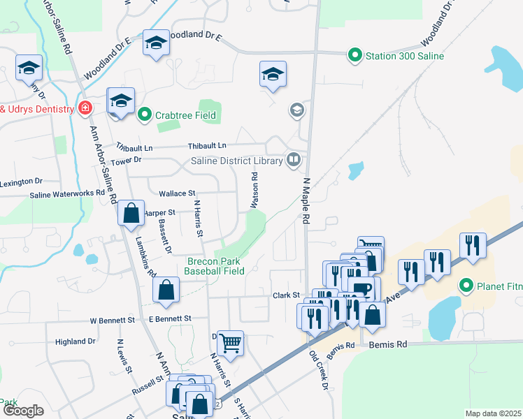 map of restaurants, bars, coffee shops, grocery stores, and more near 475 North Maple Road in Saline