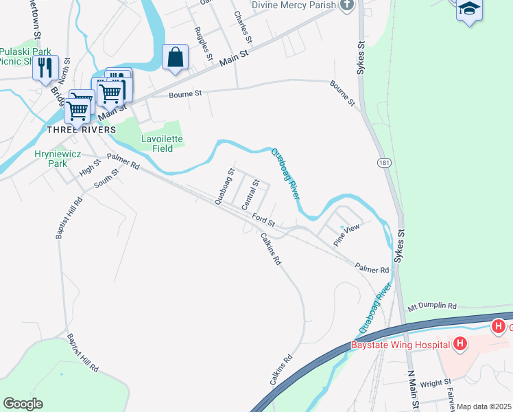 map of restaurants, bars, coffee shops, grocery stores, and more near 28 Cedar Street in Palmer