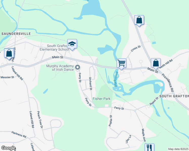 map of restaurants, bars, coffee shops, grocery stores, and more near Sampson Street in Grafton